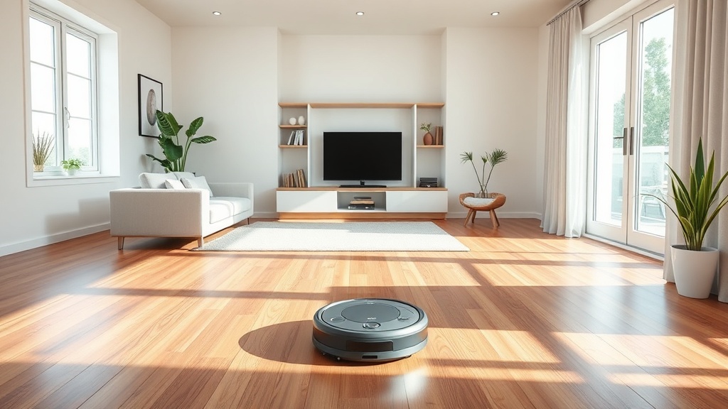 다양한 바닥 소재가 혼합된 현대적인 거실에서 청소기가 놓여 있는 모습