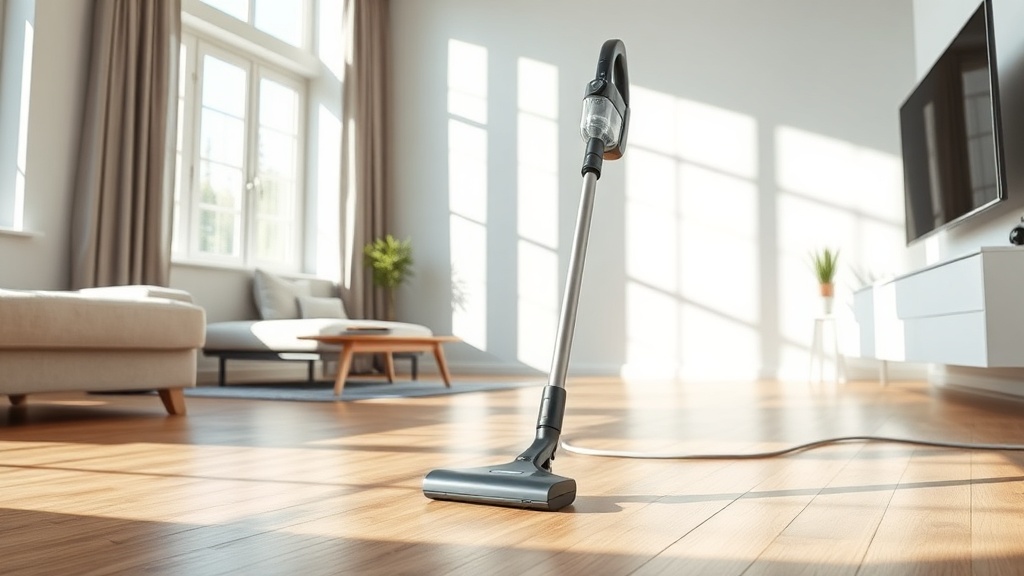 햇살이 들어오는 거실 마루바닥 위에 놓여 있는 무선 청소기와 그 주변의 깨끗한 환경